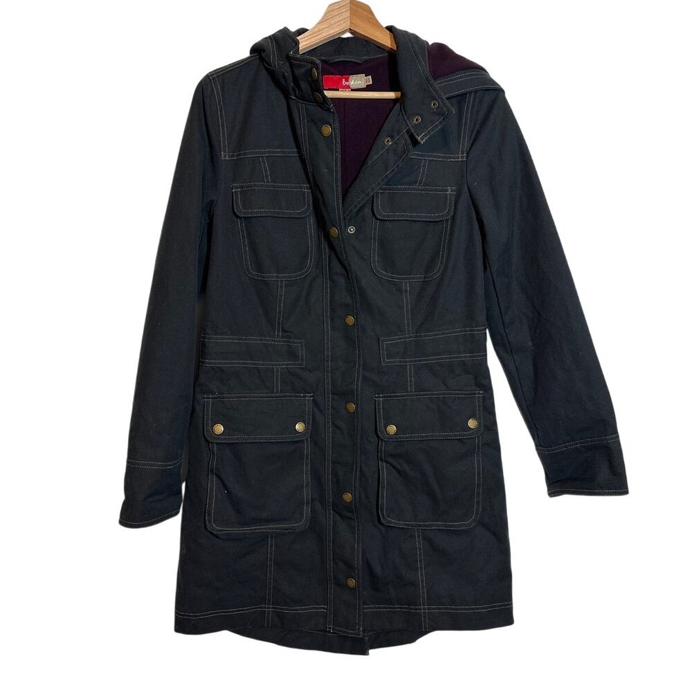 Boden Women's Rainy Day Hooded Parka Utility Jacket Fleece Lined WE405 Sz 4 Blk